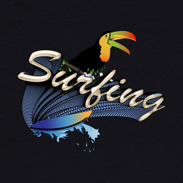 Surfing, funny toucan with surfboard by Nicky2342